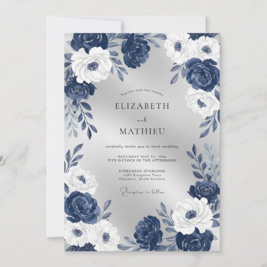 Mitternachts-Perlen-Weiß-Blüten-Hochzeit Einladung (Vorderseite)