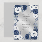 Mitternachts-Perlen-Weiß-Blüten-Hochzeit Einladung (Vorne/Hinten)