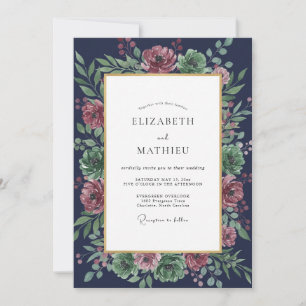 Mitternachts-Pflaume-Laub-Eukalyptus-Hochzeit Einladung