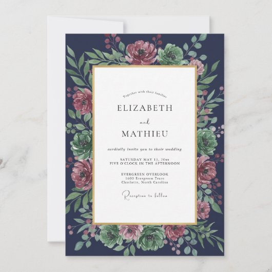 Mitternachts-Pflaume-Laub-Eukalyptus-Hochzeit Einladung (Vorderseite)