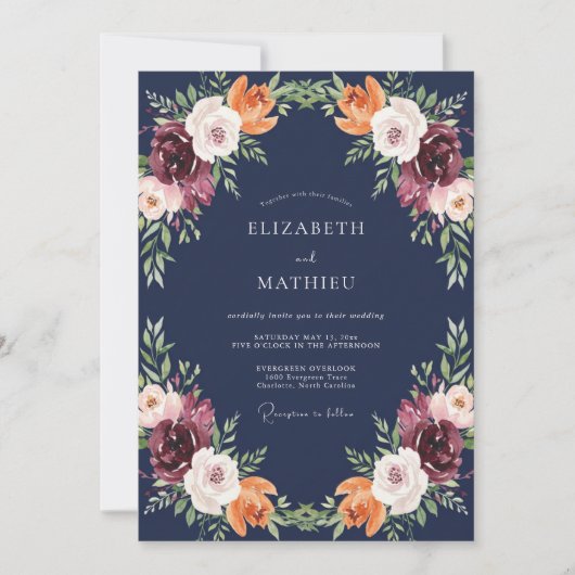 Mitternachts-Pflaume-Petal-Hochzeit Einladung (Vorderseite)