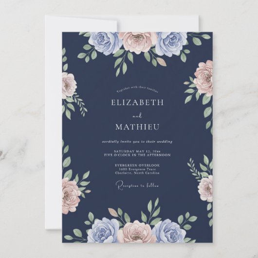Mitternachts-Ranunculus-Eukalyptus-Hochzeit Einladung (Vorderseite)
