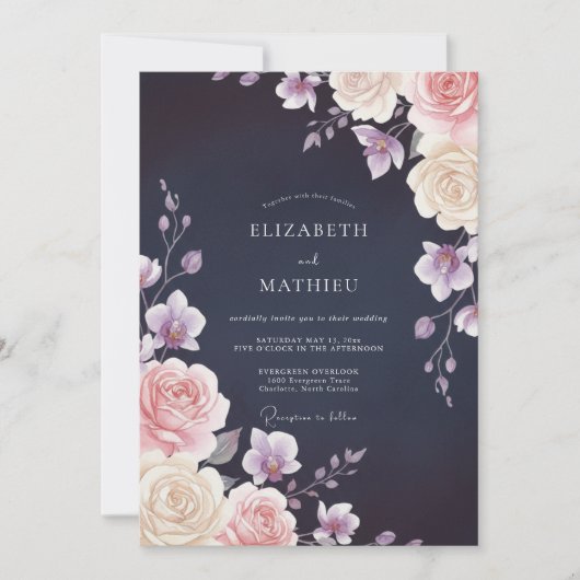 Mitternachts-Rosa-Blüten-Hochzeit Einladung (Vorderseite)