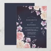 Mitternachts-Rosa-Blüten-Hochzeit Einladung (Vorne/Hinten)