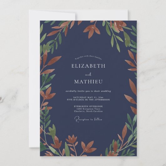 Mitternachts-Rost-Laub-Eukalyptus-Hochzeit Einladung (Vorderseite)