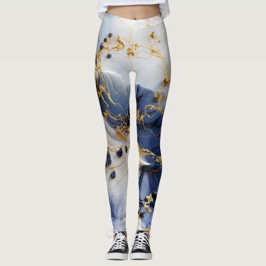 Mitternachts Saphir-Marmor mit Goldfäden Leggings (Vorderseite)