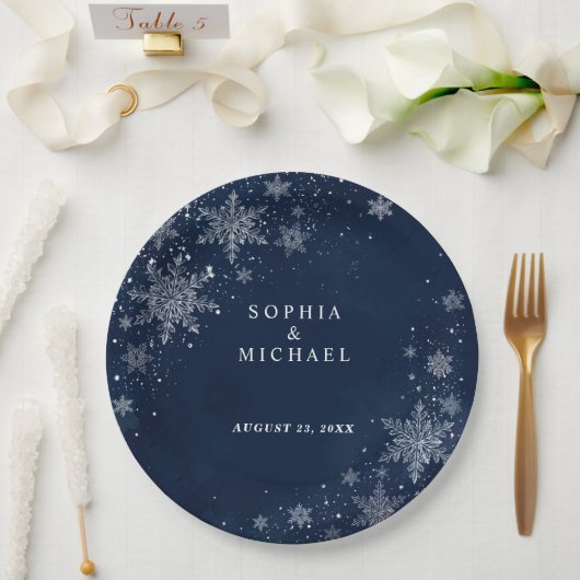 Mitternachts-Schneeflocken Winterhochzeit Pappteller (Hochzeit)