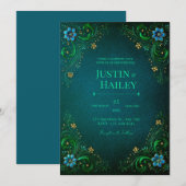 Mitternachts-Teal-Blüten-Hochzeit Einladung (Vorne/Hinten)