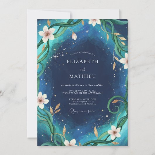 Mitternachts-Teal-Reben-Hochzeit Einladung (Vorderseite)