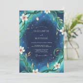 Mitternachts-Teal-Reben-Hochzeit Einladung (Stehend Vorderseite)