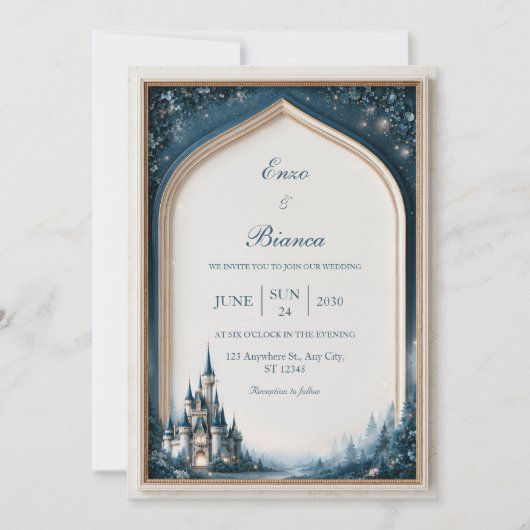Mitternachts-Teal-Schloss-Gotischer-Bogen-Hochzeit Einladung (Vorderseite)