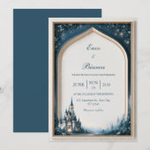 Mitternachts-Teal-Schloss-Gotischer-Bogen-Hochzeit Einladung (Vorne/Hinten)