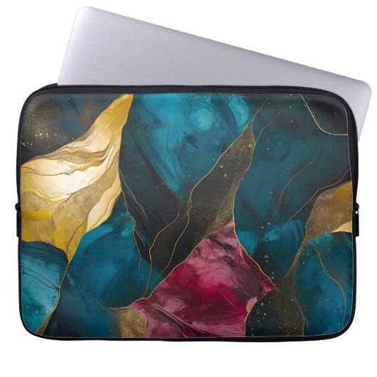 Mitternachts-Teal- und Goldmarmor-Fusion Laptopschutzhülle (Vorderseite)