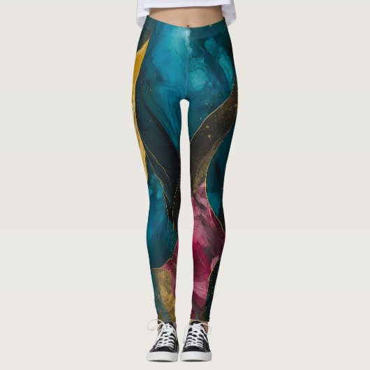 Mitternachts Teal- und Goldmarmor-Fusion Leggings (Vorderseite)