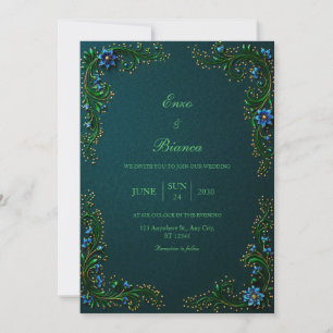 Mitternachts-Teal-vergoldete-Blüten-Hochzeit Einladung