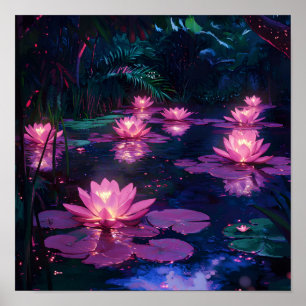 Mitternachts-Zen-Natur Rosa Lotus-Teich Poster