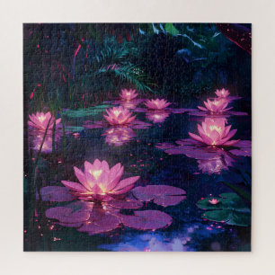 Mitternachts-Zen-Natur Rosa Lotus-Teich Puzzle