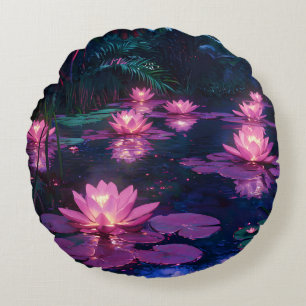 Mitternachts-Zen-Natur Rosa Lotus Teich Rundes Kissen