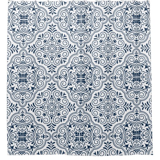 Mitternachtsblau auf weißem marokkanischem geometr duschvorhang (Vorderseite)