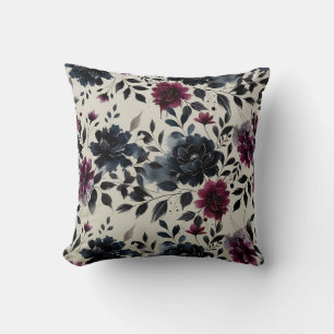 Mitternachtsblau Burgund Inky Floral Mandel-Beige Kissen