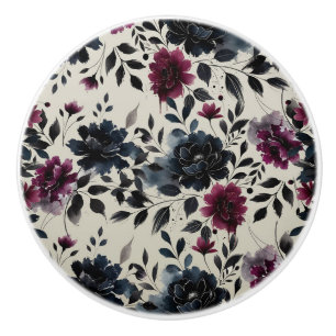 Mitternachtsblau Burgunder Inky Floral Mandel-Beig Keramikknauf