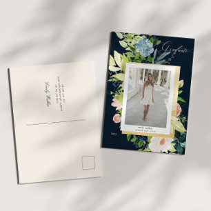 Mitternachtsblau und blütenfarbenes Foto Abschluss Ankündigungspostkarte