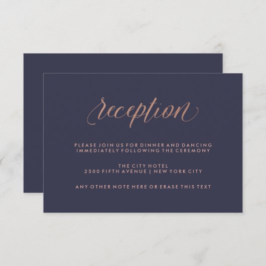 Mitternachtsblau und Imitats Rose Gold Hochzeitsem Begleitkarte (Vorne/Hinten)