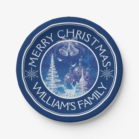 Mitternachtsblau und Weiß verzaubert Weihnachten Pappteller (Vorderseite)