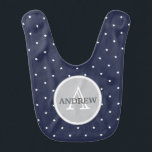 Mitternachtsblau und Weißsterne-Muster Mit Monogra Lätzchen<br><div class="desc">Nautisches Monogramm mit hellen weißen Sternen auf einem Hintergrund von Mitternachtsblauen bedruckten Baby-Boy's Bib. Personalisieren Sie den Big Letter und die Texte,  um Ihre Bedürfnisse zu Anzug. Perfekt als Geschenk für Babydusche für den kleinen Jungen!</div>