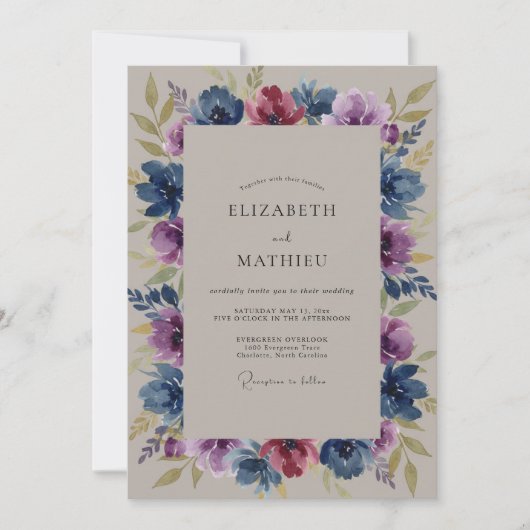 Mitternachtsblaue Amethyst-Wildblumen-Hochzeit Einladung (Vorderseite)