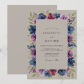 Mitternachtsblaue Amethyst-Wildblumen-Hochzeit Einladung (Vorne/Hinten)