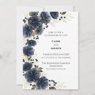 Mitternachtsblaue Anemone-Beeren-Hochzeitseinladun Einladung