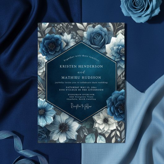 Mitternachtsblaue Blütenhochzeit Einladung