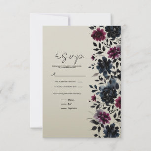 Mitternachtsblaue Burgunderrote Tintenblumen Mande RSVP Karte