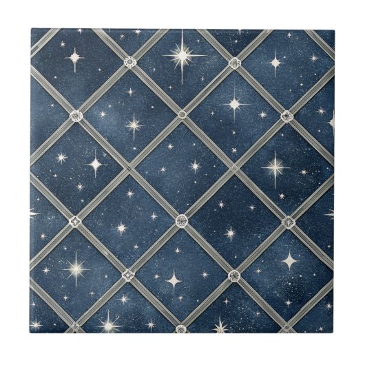 Mitternachtsblaue Diamantgitter - Sternennacht Fliese (Vorderseite)