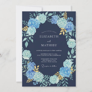 Mitternachtsblaue Florale Wasserfarben-Hochzeit Einladung