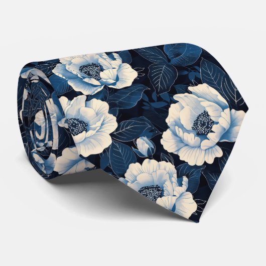 Mitternachtsblaue Floralkrawatte | Elegante Elfenb Krawatte (Gerollt)