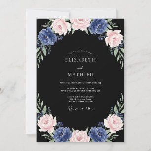 Mitternachtsblaue Pfingstrosen-Hochzeit Einladung
