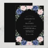 Mitternachtsblaue Pfingstrosen-Hochzeit Einladung (Vorne/Hinten)