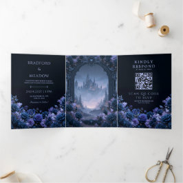 Mitternachtsblaue Rose Gothic-Schloss-Hochzeit Dreifach Gefaltete Einladung