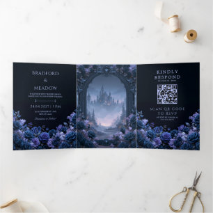 Mitternachtsblaue Rose Gothic-Schloss-Hochzeit Dreifach Gefaltete Einladung