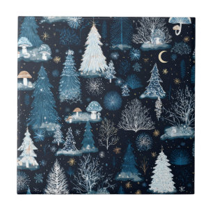 Mitternachtsblaue schneebedeckte Waldlandschaft, f Fliese