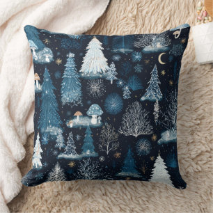 Mitternachtsblaue schneebedeckte Waldlandschaft, W Kissen