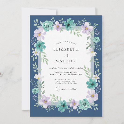 Mitternachtsblaue Teelila bemalte Hochzeit Einladung (Vorderseite)