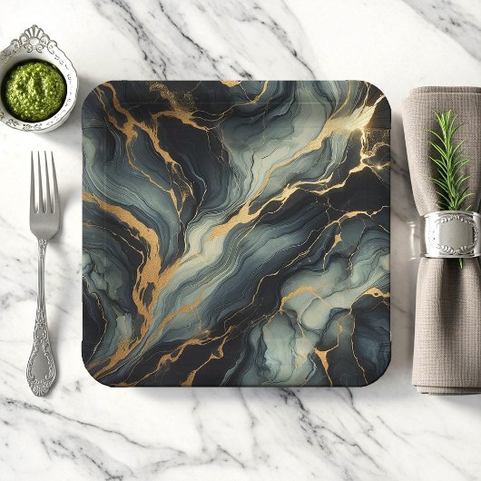 Mitternachtsblaue und goldene Marmor-Kunstmuster Pappteller