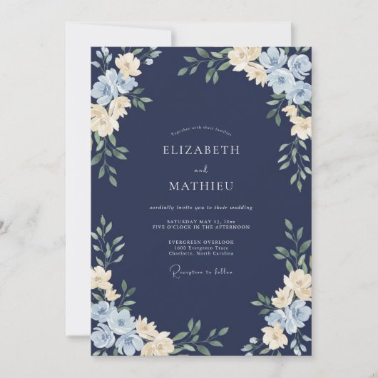 Mitternachtsblaue Wildblumenhochzeit Einladung (Vorderseite)