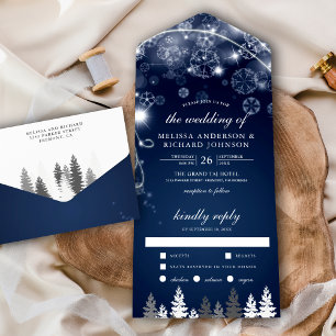 Mitternachtsblaue Winterwunderland-Tannenhochzeit All In One Einladung