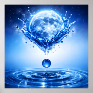 Mitternachtsblauer Mond Flüssigkeitssplash Poster