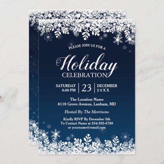 Mitternachtsblauer Schneeflocken Feierlichkeiten Einladung (Vorne/Hinten)
