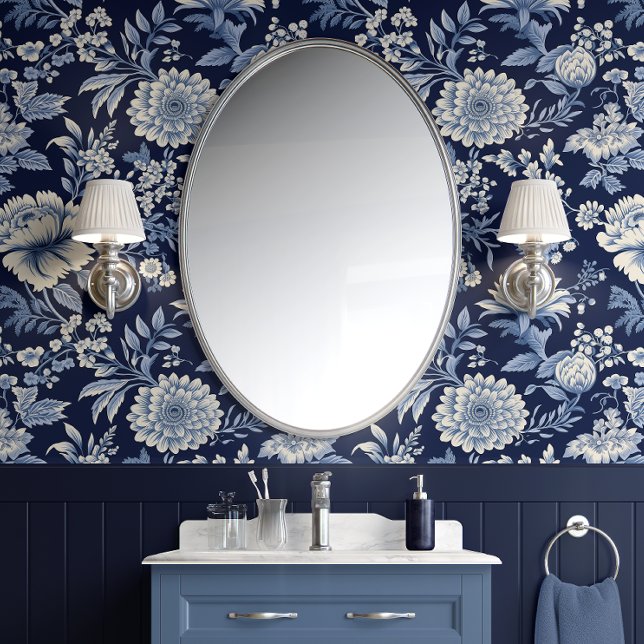 Mitternachtsblossom - Blau und Weiß - Traditionell Tapete (Bathroom Peel & Stick Wallpaper)